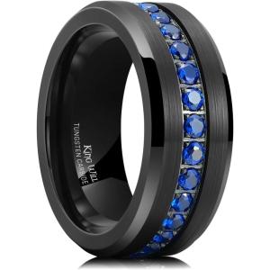 King Will Mens 8mm Men Tungsten Carbied Rings Cubic Zirconia Wedding Bands Eternity Ring CZ Inlay(Black&Blue)