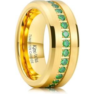 King Will Mens 8mm Men Tungsten Carbied Rings Cubic Zirconia Wedding Bands Eternity Ring CZ Inlay(Gold&Green)
