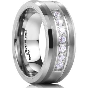 King Will Mens 8mm Men Tungsten Carbied Rings Cubic Zirconia Wedding Bands Eternity Ring CZ Inlay(Silver)