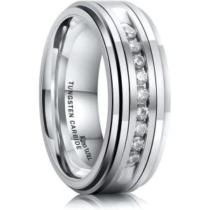 King Will Mens 8mm Men Tungsten Carbied Rings Cubic Zirconia Wedding Bands Eternity Ring CZ Inlay(Silver Step Edge)