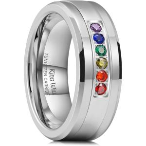 King Will Mens 8mm Men Tungsten Carbied Rings Cubic Zirconia Wedding Bands Eternity Ring CZ Inlay(Silver-Colorful CZ)