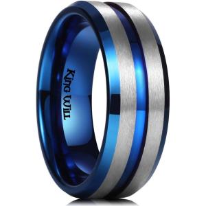 King Will Mens 8mm Rose Gold Groove/Gold Loop/Black Cross Groove Tungsten Carbide Wedding Ring Line Flat Pipe Cut Brushed Polished Comfort Fit 7-14(B-Blue Sliver)