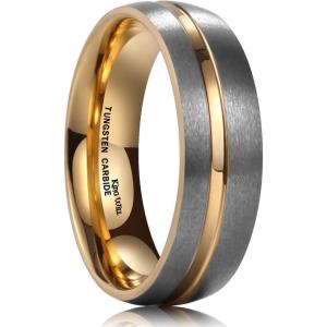 King Will Mens 8mm Rose Gold Groove/Gold Loop/Black Cross Groove Tungsten Carbide Wedding Ring Line Flat Pipe Cut Brushed Polished Comfort Fit 7-14(B-Gold)
