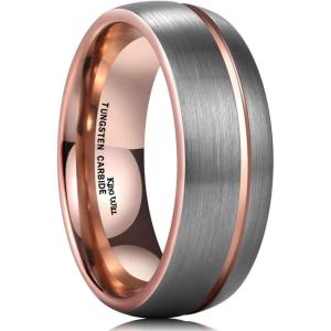 King Will Mens 8mm Rose Gold Groove/Gold Loop/Black Cross Groove Tungsten Carbide Wedding Ring Line Flat Pipe Cut Brushed Polished Comfort Fit 7-14(B-Rose Gold)