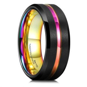 King Will Mens 8mm Rose Gold Groove/Gold Loop/Black Cross Groove Tungsten Carbide Wedding Ring Line Flat Pipe Cut Brushed Polished Comfort Fit 7-14(Black Rainbow 8mm)