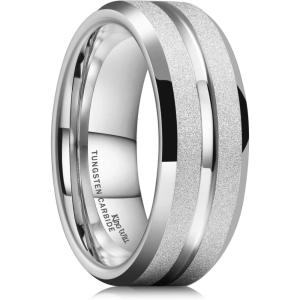 King Will Mens 8mm Rose Gold Groove/Gold Loop/Black Cross Groove Tungsten Carbide Wedding Ring Line Flat Pipe Cut Brushed Polished Comfort Fit 7-14(Frosted-Silver)