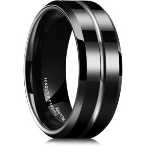 King Will Mens 8mm Rose Gold Groove/Gold Loop/Black Cross Groove Tungsten Carbide Wedding Ring Line Flat Pipe Cut Brushed Polished Comfort Fit 7-14(Glossy Black 8mm)