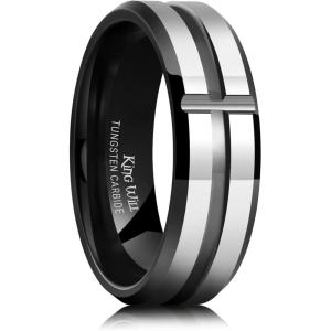 King Will Mens 8mm Rose Gold Groove/Gold Loop/Black Cross Groove Tungsten Carbide Wedding Ring Line Flat Pipe Cut Brushed Polished Comfort Fit 7-14(Gunmetal&Black-Cross Groove 7mm)