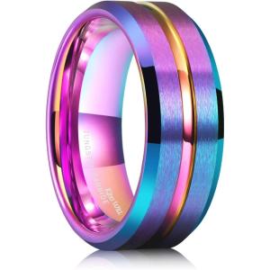 King Will Mens 8mm Rose Gold Groove/Gold Loop/Black Cross Groove Tungsten Carbide Wedding Ring Line Flat Pipe Cut Brushed Polished Comfort Fit 7-14(Rainbow)