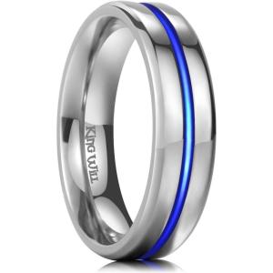 King Will Mens 8mm Rose Gold Groove/Gold Loop/Black Cross Groove Tungsten Carbide Wedding Ring Line Flat Pipe Cut Brushed Polished Comfort Fit 7-14(Sliver-blue 6mm)