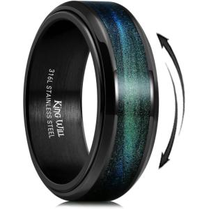 King Will Mens 8mm Stainless Steel Rings Anxiety Fidget Spinner Ring Black Plated Blue Green Galaxy Sand Inlay Beveled Edge Spinning Wedding Bands Comfort Fit Size 7-12(Blue Green)