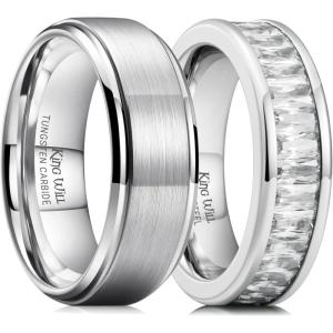 King Will Mens 8mm Tungsten Wedding Band and Womens 6mm Eternity Band Couple Rings Set
