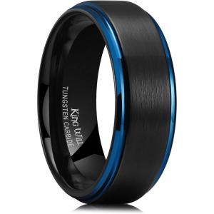 King Will Mens Brushed Wedding Band, Two Tone Matte Step Edges/Pipe Cut, Tungsten Carbide Anniversary Promise Rings Comfort Fit(Black&Blue Edge-8mm)