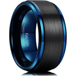 King Will Mens Brushed Wedding Band, Two Tone Matte Step Edges/Pipe Cut, Tungsten Carbide Anniversary Promise Rings Comfort Fit(Black&Blue-10mm)