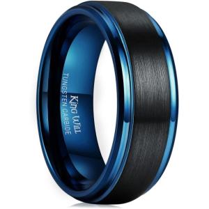 King Will Mens Brushed Wedding Band, Two Tone Matte Step Edges/Pipe Cut, Tungsten Carbide Anniversary Promise Rings Comfort Fit(Black&Blue-8mm)
