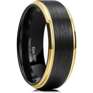 King Will Mens Brushed Wedding Band, Two Tone Matte Step Edges/Pipe Cut, Tungsten Carbide Anniversary Promise Rings Comfort Fit(Black&Gold Edge-8mm)