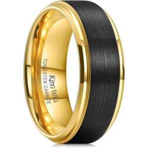 King Will Mens Brushed Wedding Band, Two Tone Matte Step Edges/Pipe Cut, Tungsten Carbide Anniversary Promise Rings Comfort Fit(Black&Gold-8mm)