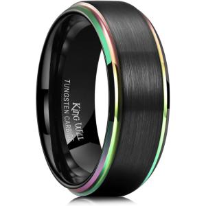 King Will Mens Brushed Wedding Band, Two Tone Matte Step Edges/Pipe Cut, Tungsten Carbide Anniversary Promise Rings Comfort Fit(Black&Rainbow Edge-8mm)