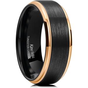 King Will Mens Brushed Wedding Band, Two Tone Matte Step Edges/Pipe Cut, Tungsten Carbide Anniversary Promise Rings Comfort Fit(Black&Rose Gold Edge-8mm)