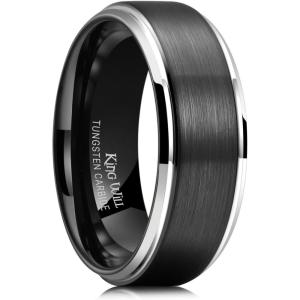 King Will Mens Brushed Wedding Band, Two Tone Matte Step Edges/Pipe Cut, Tungsten Carbide Anniversary Promise Rings Comfort Fit(Black&Silver Edge-8mm)