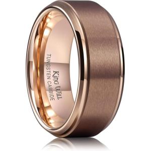 King Will Mens Brushed Wedding Band, Two Tone Matte Step Edges/Pipe Cut, Tungsten Carbide Anniversary Promise Rings Comfort Fit(Brown&Rose Gold-8mm)
