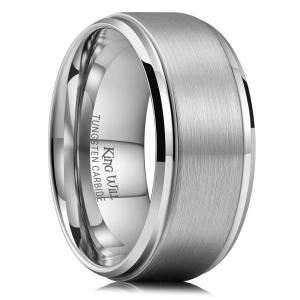 King Will Mens Brushed Wedding Band, Two Tone Matte Step Edges/Pipe Cut, Tungsten Carbide Anniversary Promise Rings Comfort Fit(Silver-10mm)
