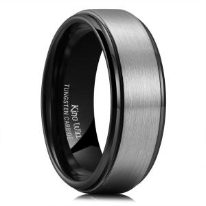 King Will Mens Brushed Wedding Band, Two Tone Matte Step Edges/Pipe Cut, Tungsten Carbide Anniversary Promise Rings Comfort Fit(Silver&Black-8mm)