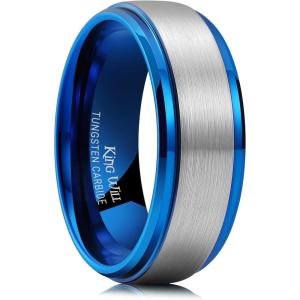 King Will Mens Brushed Wedding Band, Two Tone Matte Step Edges/Pipe Cut, Tungsten Carbide Anniversary Promise Rings Comfort Fit(Silver&Blue-8mm)