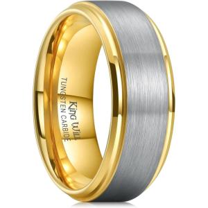 King Will Mens Brushed Wedding Band, Two Tone Matte Step Edges/Pipe Cut, Tungsten Carbide Anniversary Promise Rings Comfort Fit(Silver&Gold-8mm)