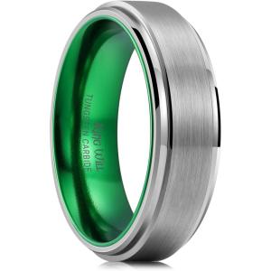 King Will Mens Brushed Wedding Band, Two Tone Matte Step Edges/Pipe Cut, Tungsten Carbide Anniversary Promise Rings Comfort Fit(Silver&Green-7mm)