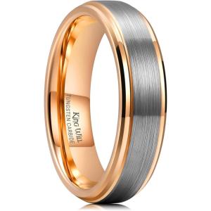King Will Mens Brushed Wedding Band, Two Tone Matte Step Edges/Pipe Cut, Tungsten Carbide Anniversary Promise Rings Comfort Fit(Silver&Rose Gold-6mm)