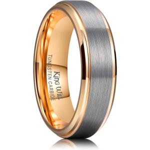King Will Mens Brushed Wedding Band, Two Tone Matte Step Edges/Pipe Cut, Tungsten Carbide Anniversary Promise Rings Comfort Fit(Silver&Rose Gold-7mm)