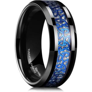 King Will Men’s Cetic Knot Tungsten Carbide Ring, Opal/Carbon Fiber Inlay 6mm/8mm Wedding Band for Men Engagement Ring Comfort Fit(Blue&Silver-8mm)