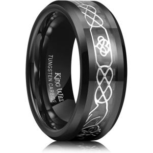 King Will Men’s Cetic Knot Tungsten Carbide Ring, Opal/Carbon Fiber Inlay 6mm/8mm Wedding Band for Men Engagement Ring Comfort Fit(Claddagh-Black&Silver)