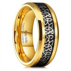 King Will Men’s Cetic Knot Tungsten Carbide Ring, Opal/Carbon Fiber Inlay 6mm/8mm Wedding Band for Men Engagement Ring Comfort Fit(Gold&Black-8mm)