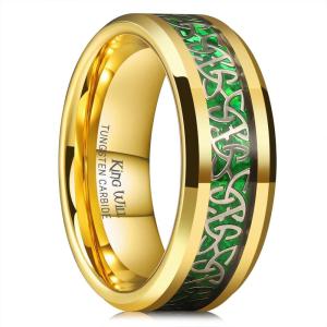 King Will Men’s Cetic Knot Tungsten Carbide Ring, Opal/Carbon Fiber Inlay 6mm/8mm Wedding Band for Men Engagement Ring Comfort Fit(Gold&Green-8mm)