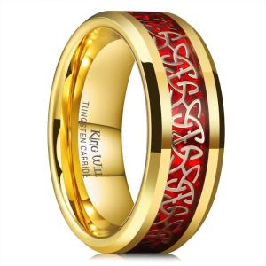 King Will Men’s Cetic Knot Tungsten Carbide Ring, Opal/Carbon Fiber Inlay 6mm/8mm Wedding Band for Men Engagement Ring Comfort Fit(Gold&Red-8mm)