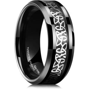 King Will Men’s Cetic Knot Tungsten Carbide Ring, Opal/Carbon Fiber Inlay 6mm/8mm Wedding Band for Men Engagement Ring Comfort Fit(Silver&Black-8mm)