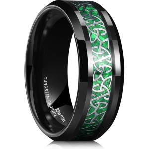 King Will Men’s Cetic Knot Tungsten Carbide Ring, Opal/Carbon Fiber Inlay 6mm/8mm Wedding Band for Men Engagement Ring Comfort Fit(Silver&Green-8mm)