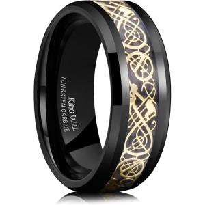 King Will Men’s Dragon Celtic Tungsten Ring, 5/6/7/8mm Widths, Polished Beveled Edge Comfort Fit Carbide Wedding Band Promise Rings Size 4-16(B-Black-Gold 8mm)