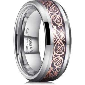 King Will Men’s Dragon Celtic Tungsten Ring, 5/6/7/8mm Widths, Polished Beveled Edge Comfort Fit Carbide Wedding Band Promise Rings Size 4-16(B-Silver-Rose Gold 8mm)