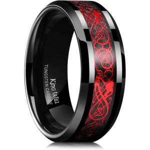 King Will Men’s Dragon Celtic Tungsten Ring, 5/6/7/8mm Widths, Polished Beveled Edge Comfort Fit Carbide Wedding Band Promise Rings Size 4-16(Black & Red 8mm)