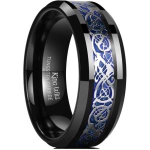 King Will Men’s Dragon Celtic Tungsten Ring, 5/6/7/8mm Widths, Polished Beveled Edge Comfort Fit Carbide Wedding Band Promise Rings Size 4-16(C-Black-Blue 8mm)