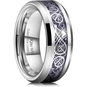 King Will Men’s Dragon Celtic Tungsten Ring, 5/6/7/8mm Widths, Polished Beveled Edge Comfort Fit Carbide Wedding Band Promise Rings Size 4-16(C-Silver 8mm)