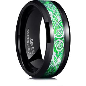 King Will Men’s Dragon Celtic Tungsten Ring, 5/6/7/8mm Widths, Polished Beveled Edge Comfort Fit Carbide Wedding Band Promise Rings Size 4-16(C-Silver-Green 8mm)