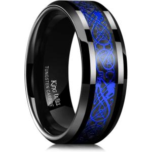 King Will Men’s Dragon Celtic Tungsten Ring, 5/6/7/8mm Widths, Polished Beveled Edge Comfort Fit Carbide Wedding Band Promise Rings Size 4-16(D-Black & Mazarine Blue 8mm)