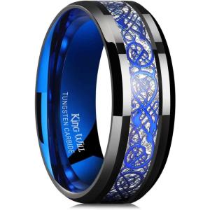 King Will Men’s Dragon Celtic Tungsten Ring, 5/6/7/8mm Widths, Polished Beveled Edge Comfort Fit Carbide Wedding Band Promise Rings Size 4-16(D-Blue 8mm)