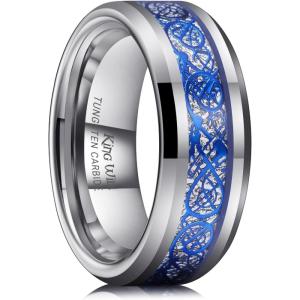 King Will Men’s Dragon Celtic Tungsten Ring, 5/6/7/8mm Widths, Polished Beveled Edge Comfort Fit Carbide Wedding Band Promise Rings Size 4-16(D-Silver-Blue 8mm)