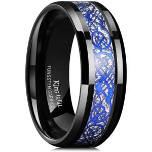 King Will Men’s Dragon Celtic Tungsten Ring, 5/6/7/8mm Widths, Polished Beveled Edge Comfort Fit Carbide Wedding Band Promise Rings Size 4-16(D-blue-silver-black 8mm)