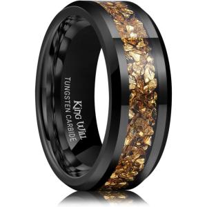 King Will Mens Meteorite Tungsten Wedding Bands, 6mm/8mm Width, Black/Silver Engagement Rings for Couples, Beveled Edge Promise Ring for Women Comfort Fit(Black&Gold-8mm)